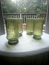 Set of 4 Vintage Libbey Green Glass Tumblers Rare Wild Flower Pattern picture