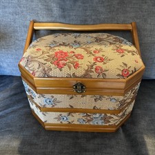 VTG Tapestry and Wood Sewing Box With Velvet Lined Wood Tray 9x6x6” SUPER CLEAN picture