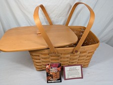 Longaberger 2000 Medium Market Basket Wood Lid Protector Double Handles USA picture