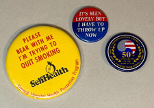  Lot of 3 Vintage Pinback Buttons Quitting Smoking Korean War 50th Novelty picture
