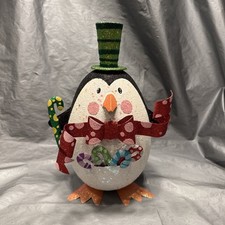 Pier 1 One VTG PENGUIN CANDY CANES TOP HAT CHRISTMAS GLITTER 11.25” RETIRED EUC picture
