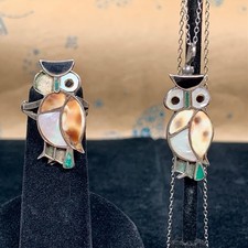 Vtg Zuni Owl Ring & Pendant 925 Sterling Necklace Native American Southwestern picture