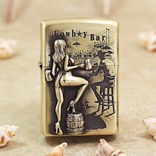 Custom Zippo 205 Lighter – Cowboy Bar Scene w/ Metal Applique Woman picture