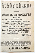 1876 John Humphrey Fire & Marine Insurance Advertisement Bath Maine Agent picture