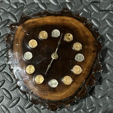 Vintage 1970s Live Edge Wood Slab Wall Clock Swedish Öre Coins Thick Tree Slice picture