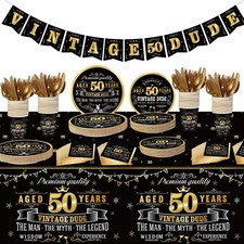 183 Pcs Vintage 50th Party Tableware Set, Black Gold Vintage Happy 50 Birthda... picture