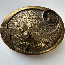 Vintage NOS Spinning Spur & Horses Brass Belt Buckle RARE picture