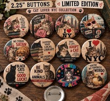 12 Vintage Retro Cat Pinback Buttons 2.25” NYC Kitten Limited Collector Set picture