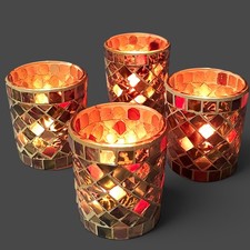 Set Of 4 VTG Stained Glass Mosaic Votive Candle Holders Vibrant Colors 2.5