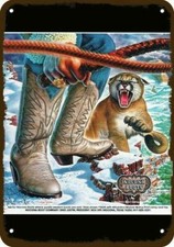 1982 NOCONA BOOTS Cowboy vs. Cougar Vintage Look DECORATIVE REPLICA METAL SIGN picture