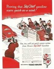 1942 TEXACO SKY CHIEF Gasoline Print Ad Gluyas Williams Art Winter Start Car picture