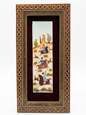 Signed Manouchehr Persian Miniature Painting on Bone Khatam Kari Mosaic Frame picture