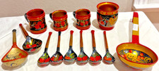VINTAGE LOT OF 14 RUSSIAN KHOKHLOMA WOODEN HAND PAINTED MUGS & SPOONS - DS31 picture