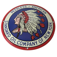 Vintage Peerless Gasoline Sign - Standard Indian Chief Gas Pump Porcelain Sign picture