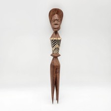 Vintage Pacific Fiji Woven Polynesian Wooden Chief Cannibal Fork - Carved 10.5