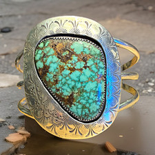 Vintage Navajo Sterling Silver Turquoise Stamped Handmade Cuff Bracelet picture