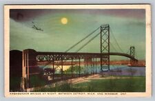 Detroit Michigan Ambassador Bridge At Night Airplane Vintage c1940 Postcard picture
