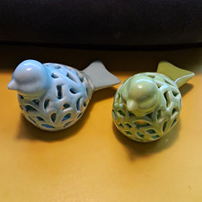 Set of 2 Glazed Openwork Ceramic Bird Figurines Blue Green 5.5in 3D Effect picture
