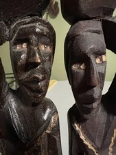 Vintage Hand Carved Wood African Haitian Statues Man Woman Figure Pair 9.5