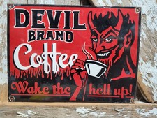 VINTAGE DEVIL BRAND COFFEE PORCELAIN SIGN RARE OLD HOT HELL BEVERAGE CAFE FOOD picture