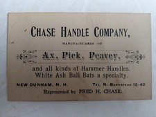1800s CHASE HANDLE Co. New Durham NH Business Ad Card Ax Pick Baseball Bats picture