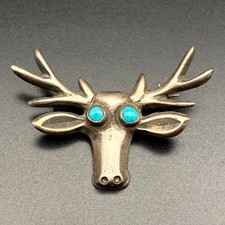 Vintage Navajo Native Turquoise Deer Sandcast Silver Brooch Pin picture