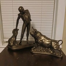 Vintage Atlantic Mold Ceramic Matador & Bull Statue Set Faux Bronze Glaze MCM picture