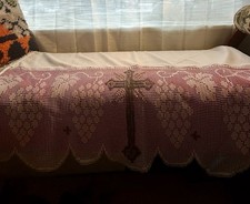 Vintage Red Linen Church Altar Cloth with Lace Cross Religious Textile 54/35” picture