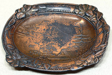  Vintage Japanese Copper Trinket Dish Mt Fuji Pagoda Mixed Metal Pin Tray 3