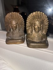 Antique Indian Chief Headdress Cast Iron Bookends by Iron Will Bronze picture