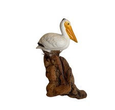Vtg Handcrafted Painted Pelican Sculpture Bird Figurine on Driftwood Base picture