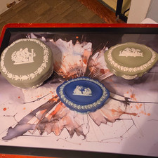 Vintage Wedgwood Jasperware 3pc Trinket Box Lot - Sage Green & 1920s Cobalt Blue picture
