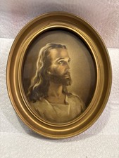 Vintage Oval Gold Tone Framed Jesus Portrait Print Under Glass, Approx. 8.5”x 7” picture