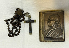 Vintage France Catholic Mission Rosary Ebony Wood Brass Cross Pope Pius XII Case picture