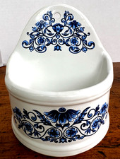 Vintage 1970's MERLE NORMAN Open Salt Wall Pocket Ceramic Blue Floral Print picture