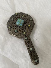 Antique Filigree Compact Mirror Lipstick Holder Turquoise Glass Stone Early 1900 picture