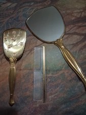 vintage 1950s Vanity set, 3 pc, mirror brush comb goldtone floral picture