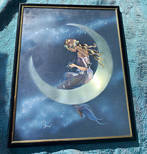 Fantasy Fairy on Crescent Moon Framed Print iridescent  shimmer celestial ￼￼ picture