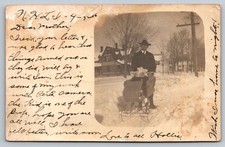 1906 RPPC Brattleboro VT Man Wicker Baby Carriage Snow Real Photo Postcard picture