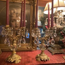 Vintage PAIR Brass 4 Arm Hollywood Regency Candelabras- Prisms- Gorgeous picture