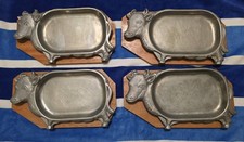 Vtg 1970's Sand Cast Aluminum Steer Steak/Fajita Plates  & Wooden Trays - 4 sets picture