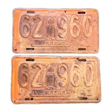 1941 Greeley County Nebraska State Capital License Plate Matched Pair # 62 960 picture