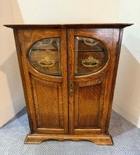 Antique OAK PIPE SMOKERS CABINET W/ BEVELED GLASS DOORS - ENGLAND picture