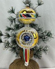 Vintage Jumbo Triple Indent Fluted Drop Finial Glass Christmas Ornament Germany picture