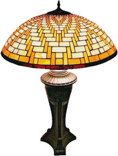 Large Vintage Arts & Crafts Basket Weave Stained Glass Bronzed Metal Table Lamp picture