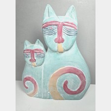 Vintage Folk Art Cat Sculpture Carved Wood Painted Turquoise Color 12.5