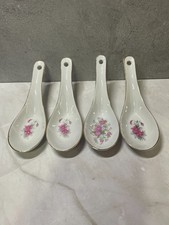 Set Of 4 Vintage Tatung Chinese Porcelain Soup Spoons w/ Pink Flower & Gold Rim picture