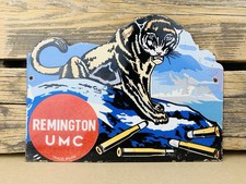VINTAGE 12x REMINGTON UMC 22 RIFLE CARTRIDGES GASOLINE OIL PORCELAIN GAS AD SIGN picture