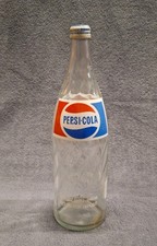 Vintage 1970's Pepsi Cola 32oz Glass Bottle with Cap Raleigh, NC Red White Blue picture