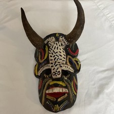 Vintage 1960's Hand Carved Guatemalan Folk Art Mask Real Ram Horns 14